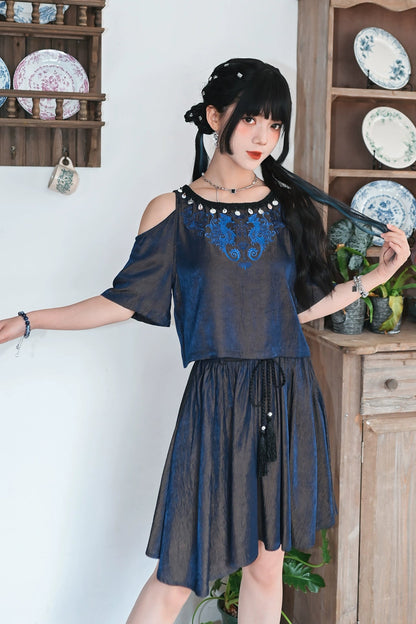 チャイナデザインオフショルダートップス+タッセルスカート