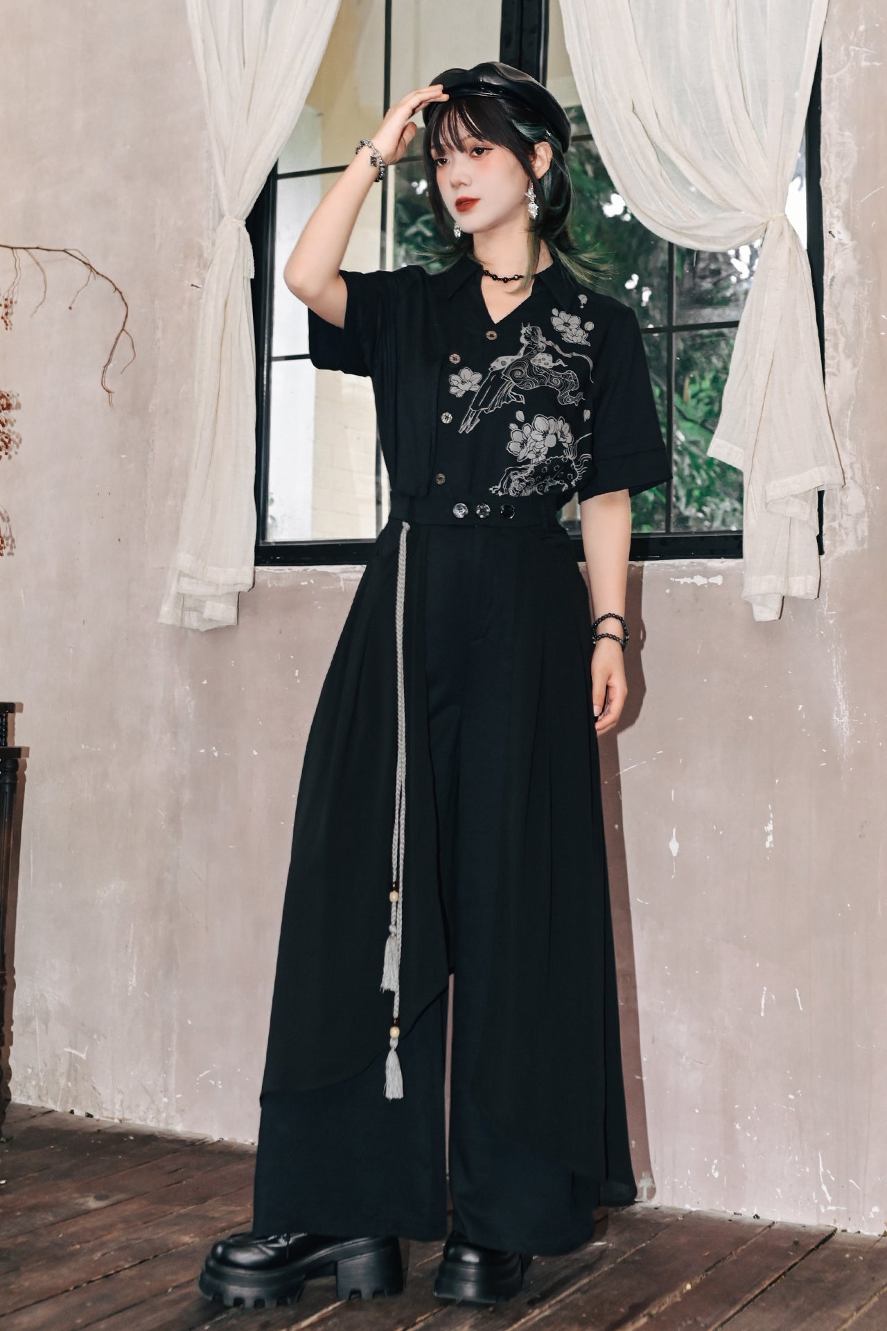 モードチャイナデザインワイドレッグパンツ