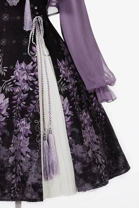 [Reservierungsschluss 8. November] New-Chinese-Lolita-Set mit mondbeschienenem wisterienviolettem JSK-Kleid + kurzem Spitzentop mit Schwalbenstickerei und Quasten