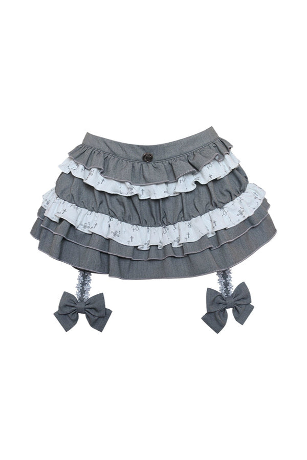 ドリームブロークンギャラクシークロスチューブトップ+グレーニットカーディガン+グレースケーキスカート