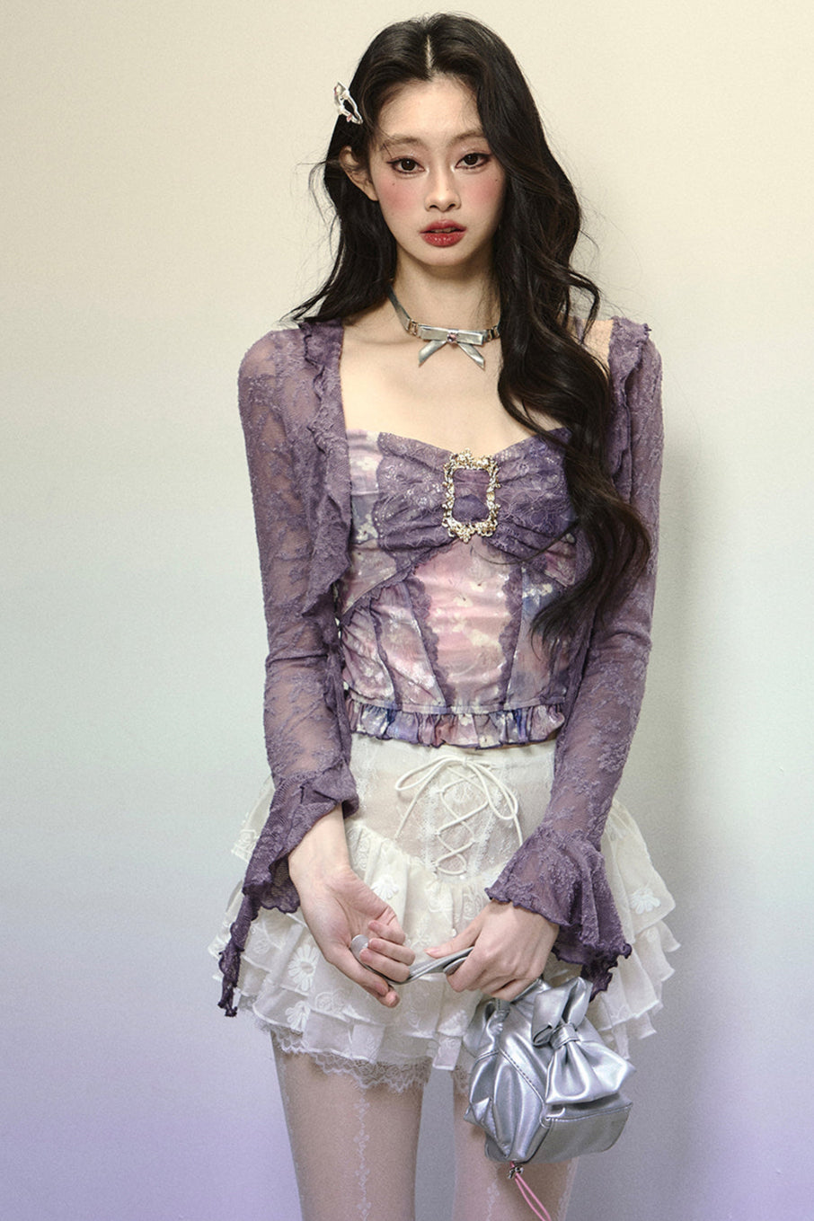 Dark purple lace cardigan + retro design tube top