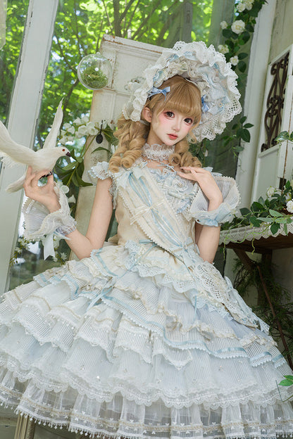 [Reservierungsschluss 1. August] Blau-weißes Sweet-Lolita-Stufenkleid-Set mit Blumenmuster