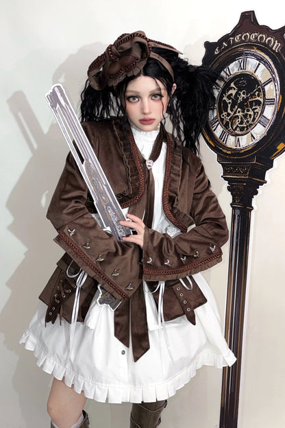 [Date limite de précommande : 11/6] Accessoires de la série steampunk marron x mode gothique noire (mini-chapeau à ruban cœur en velours + cravate à ruban motif cœur + sac de taille avec ceinture)