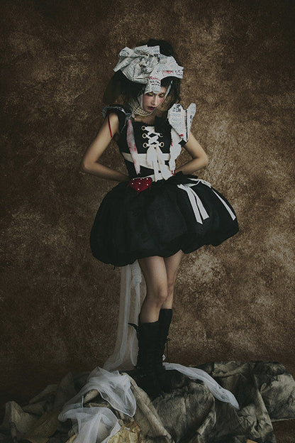 【9月3日予約締切】Gothic Fantasy Red Heart Black Balloon Corset Lolita Ribbon Dress + Ribbon Choker with Playing Card and Bead Motif