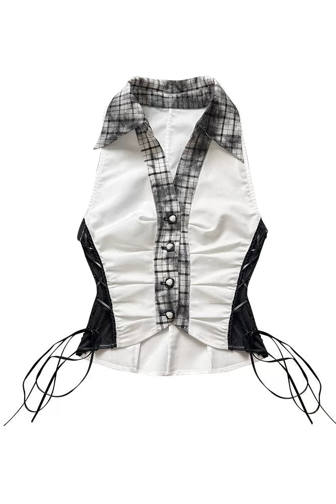 Y2Kダークパッチワークベストトップス