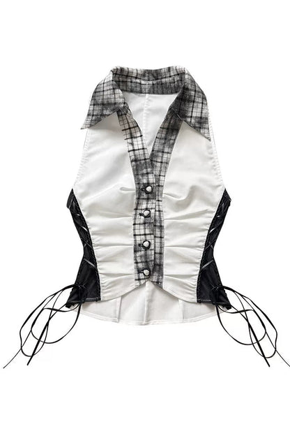 Y2Kダークパッチワークベストトップス