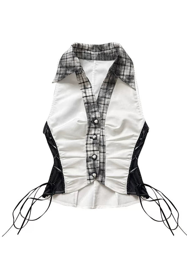 Y2Kダークパッチワークベストトップス