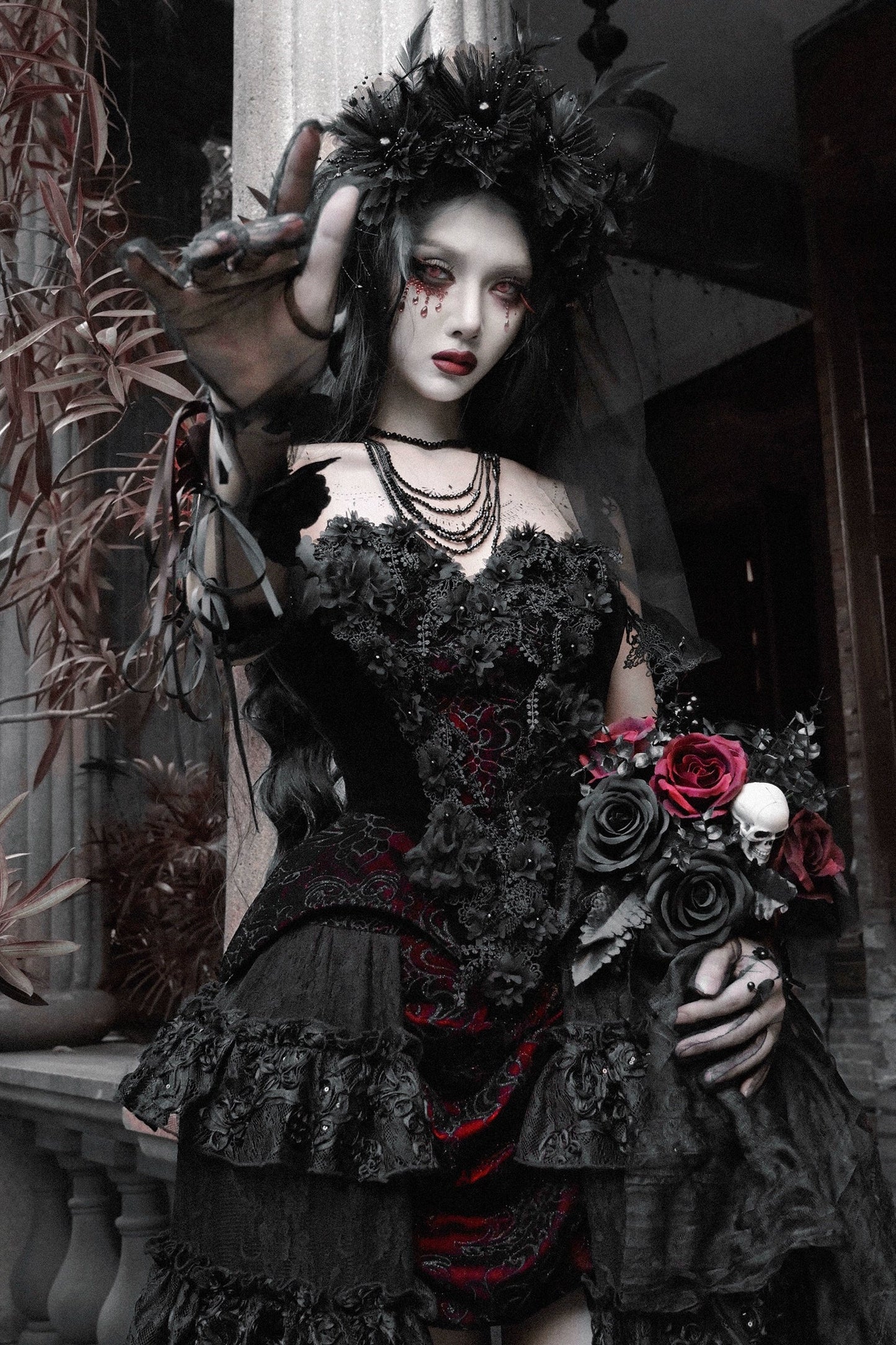Dark Gothic Corset + Dark Flower Gloves