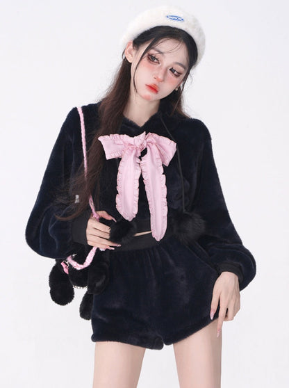 Big Ribbon Bunny Ear Boa Hoodie + Boa Shorts