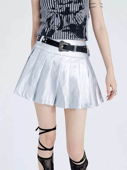 Pleated Silver Leather Skirt