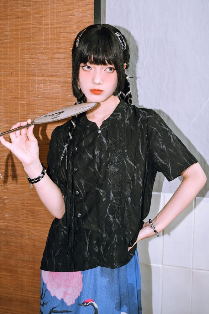 Retro China Tassel Stand Collar Shirt