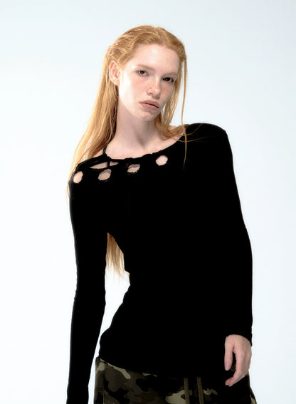 Razor Hollow Herbst Winter Schwarz Weiß Cut-Out One-Shoulder-Oberteil