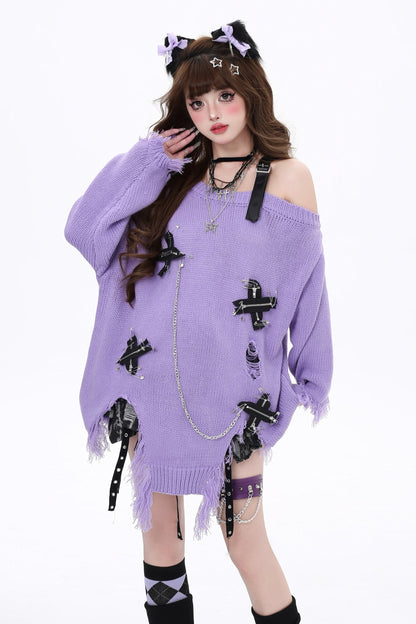 Off-Shoulder Lipped Tassel Niche Sweater