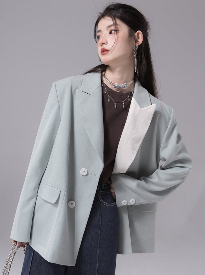 Contrast Green Field Pearl Lapel Collar Jacket