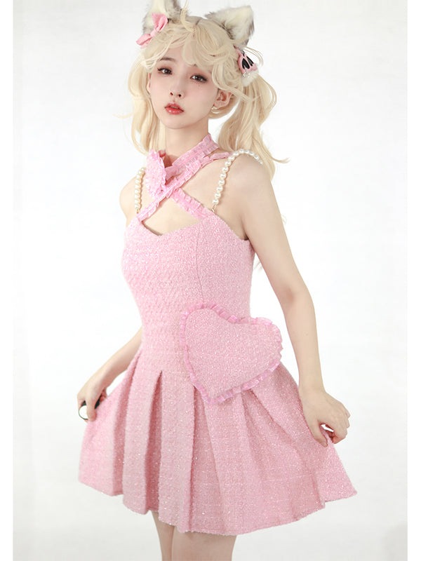 Cross Neck Pearl Heart Strap Shiny Pink Pleated Dress