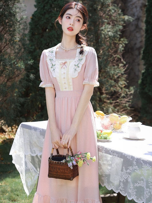 レトロガーリーフラワーチェックワンピース