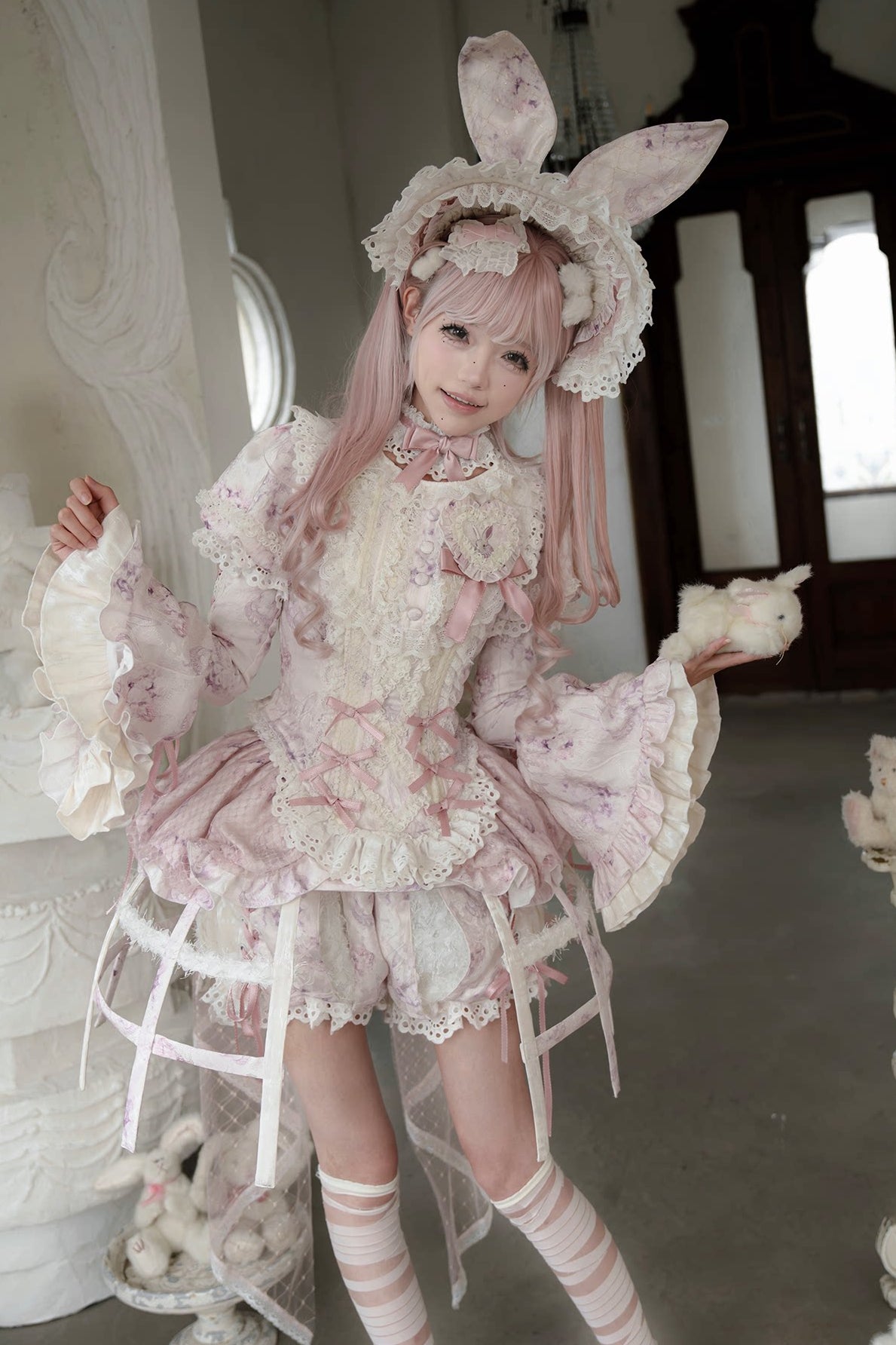 [Date limite de précommande : 6 octobre] Pink Castle Bunny ensemble poupée romantique avec haut corset à manches bouffantes en dentelle + short + surjupe à volants + surjupe cage à oiseaux Set 1/2/3