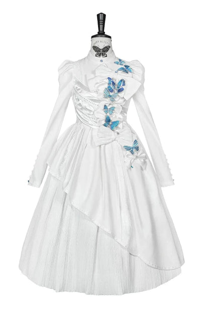 [Reservierungsschluss 14. Oktober] Schwarz/weißes Gothic-Lolita-Langkleid mit Schmetterlingsschleife, Stehkragen und asymmetrischen Lagen