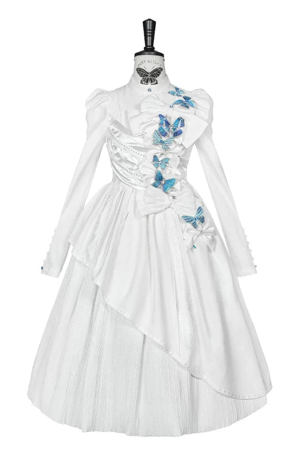[Pre-order Deadline: October 14] Black/White Gothic Lolita Butterfly Ribbon Band Collar Asymmetric Layered Long Dress