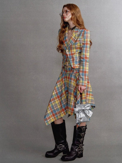 Retro Check Waist One Button Blazer Irregular Skirt Suit