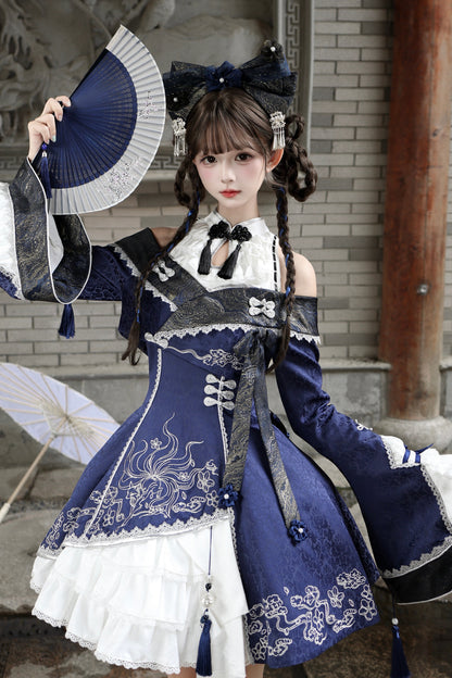 [Reservierungsschluss am 9. Oktober] Dunkelblau-weißes Gothic-Chinese-Lolita-Kleid mit Stickerei eines neunschwänzigen Fuchses + schulterfreie Jacke mit Glockenärmeln im Set