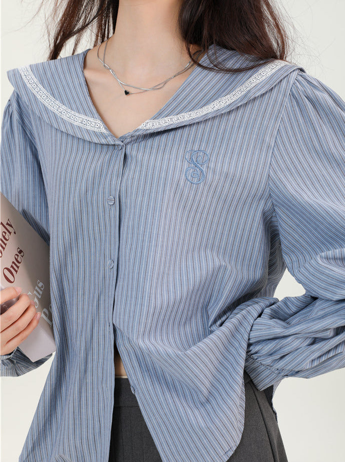 Stylish retro gray boa short jacket + blue striped sailor shirt + gray long skirt