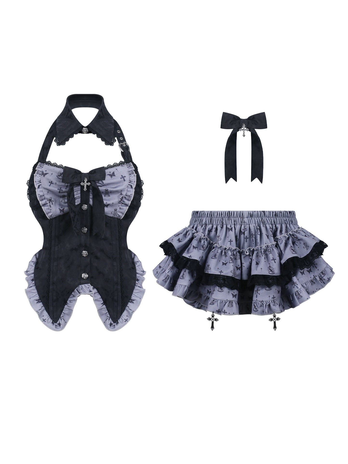 ダークナイトドールブラックプリントパッチワークリボン付きトップス+プリントスカート