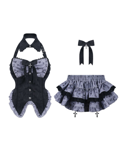 ダークナイトドールブラックプリントパッチワークリボン付きトップス+プリントスカート