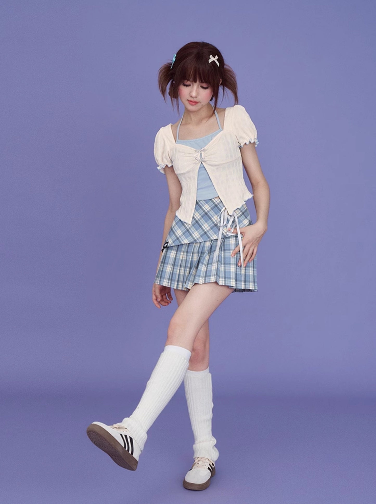 Lace-up Check Retro Blue Skirt