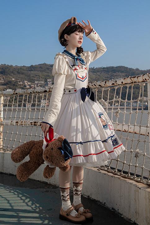 [Reservation deadline on October 8] Navy Bear Original Lolita Fake Two Piece Dress + One Piece + Tops + Suspender Dress