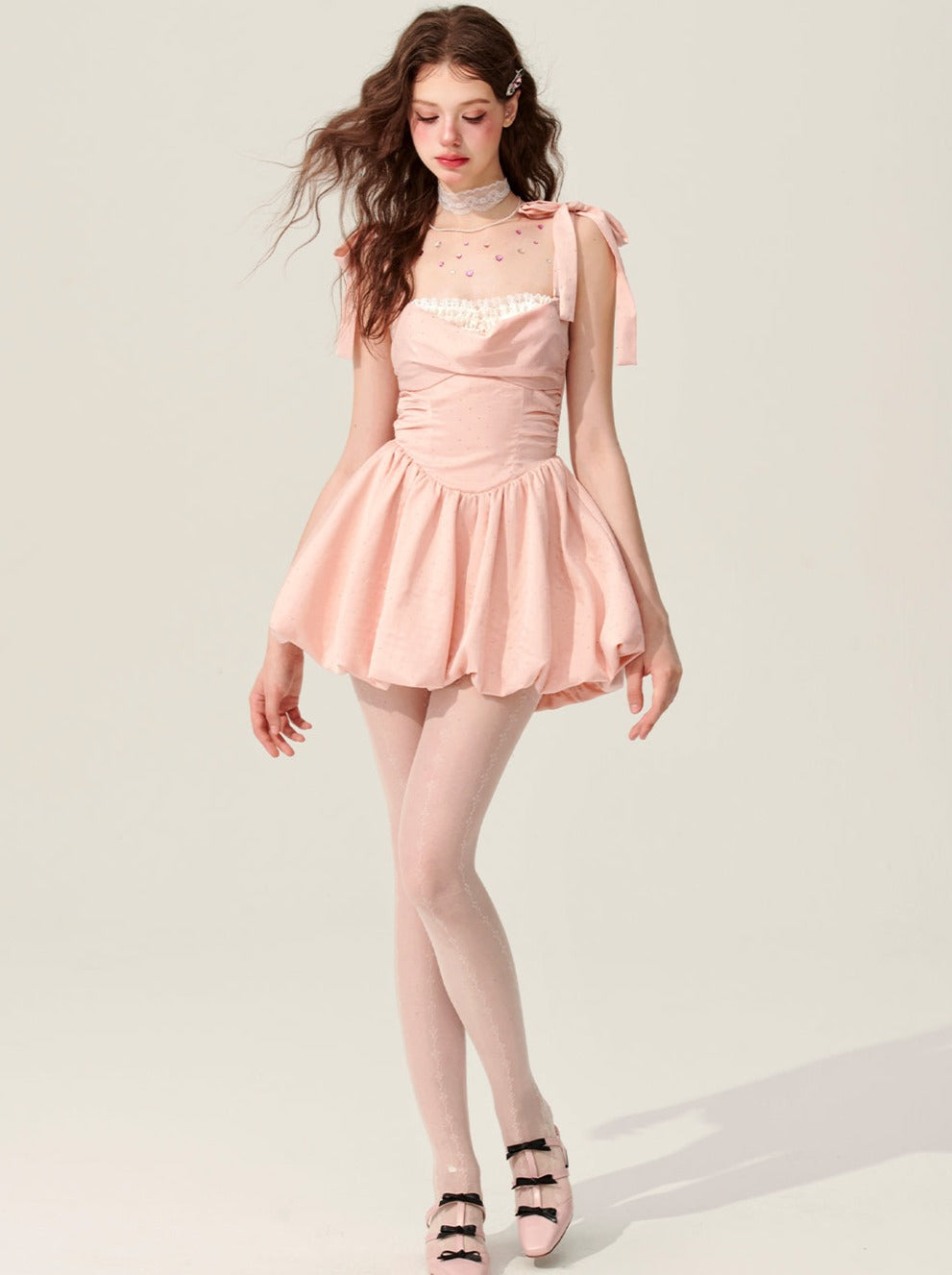 [5월 31일 20시 판매] 핑크 폴카 도트 슬립 드레스 투투 스커트
