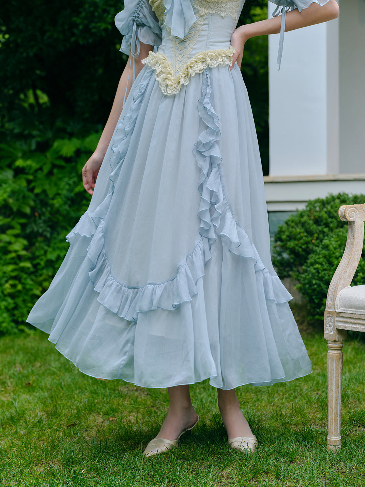 French Vintage Palace Lace Blue Fishbone Dress