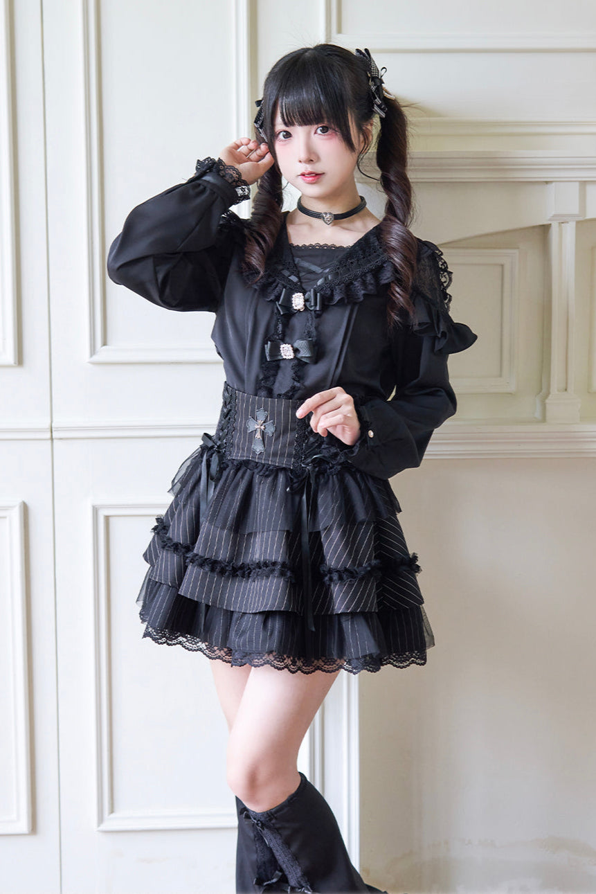 Sailor collar lace ribbon shirt