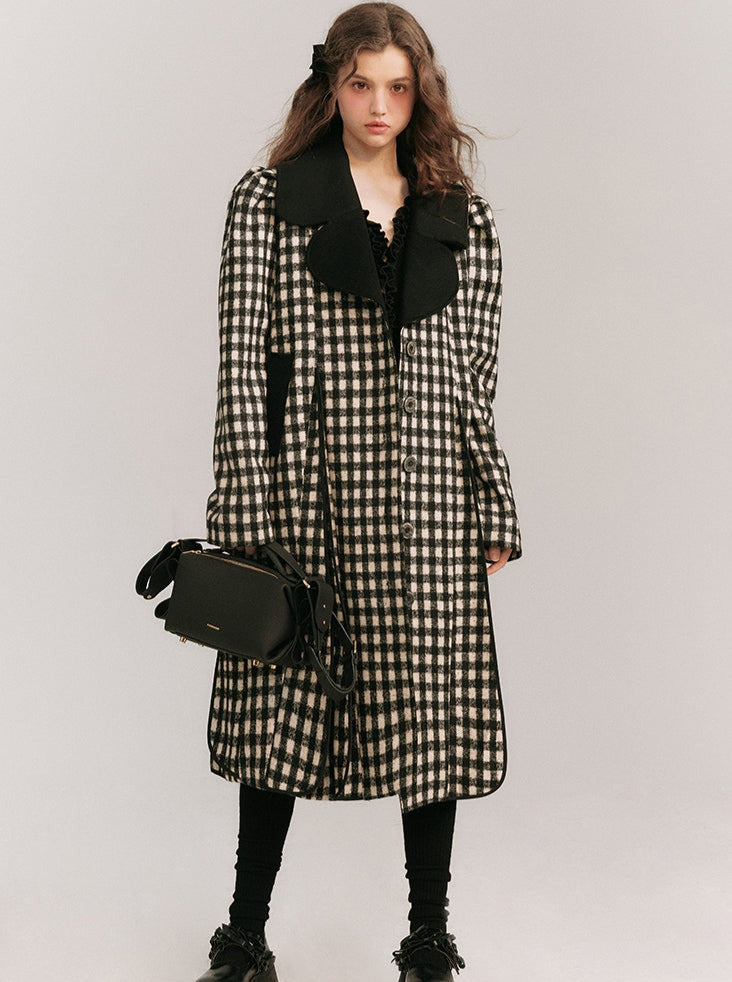 Big Collar Over Check Wool Coat