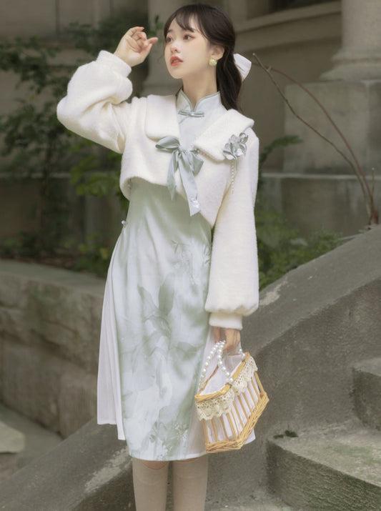 Retro Chinese Dress + Ribbon Short Fur Coat