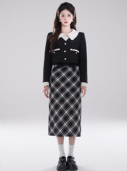 High-end ruffle collar layered short padded jacket + checked skirt