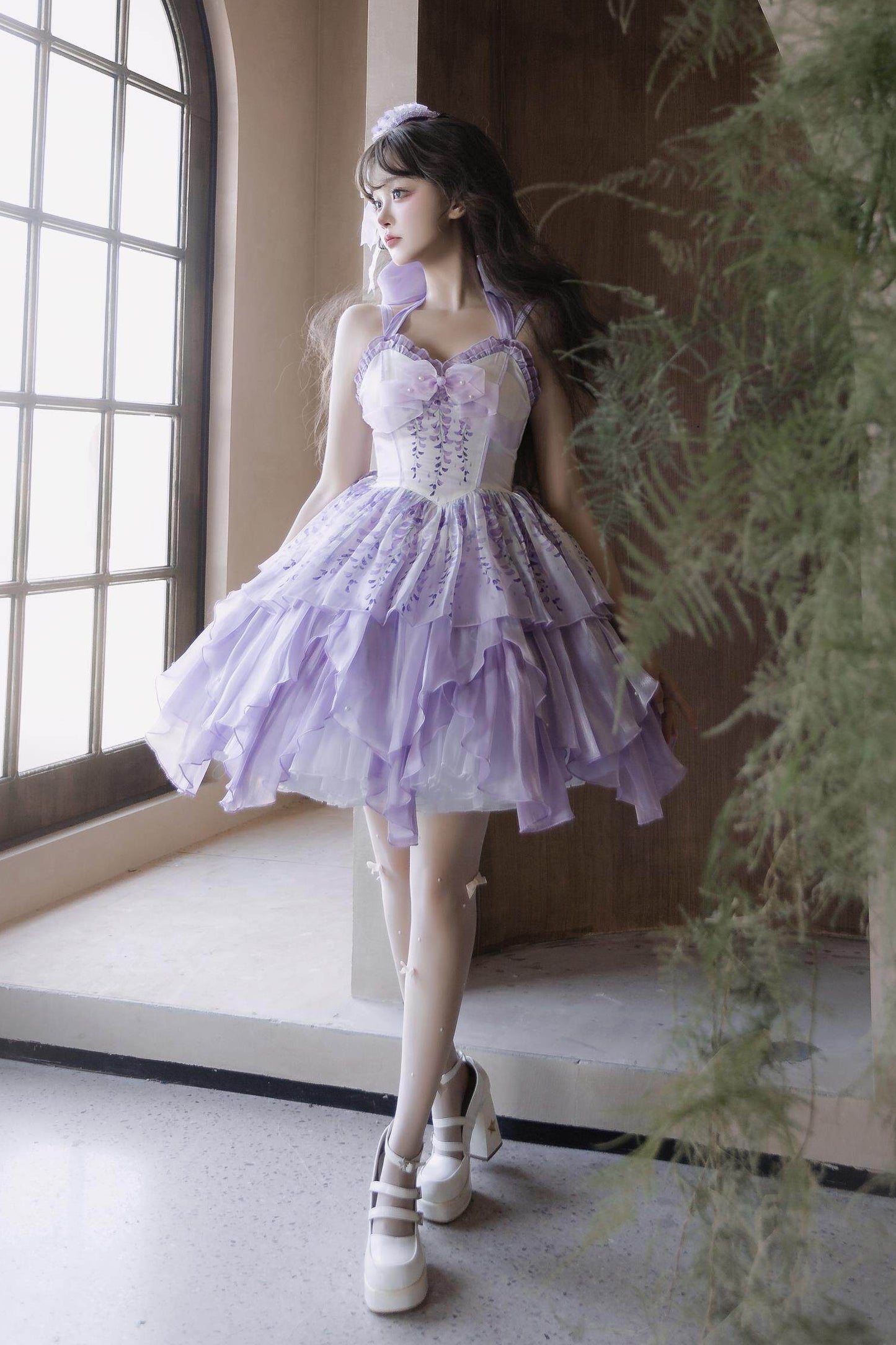 [Pre-order Deadline: June 18] Wisteria Purple Gradient Fairy Lolita Bow Layered JSK Dress + Full Set (Dress + Flower Hat)