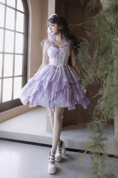 [Pre-order Deadline: June 18] Wisteria Purple Gradient Fairy Lolita Bow Layered JSK Dress + Full Set (Dress + Flower Hat)