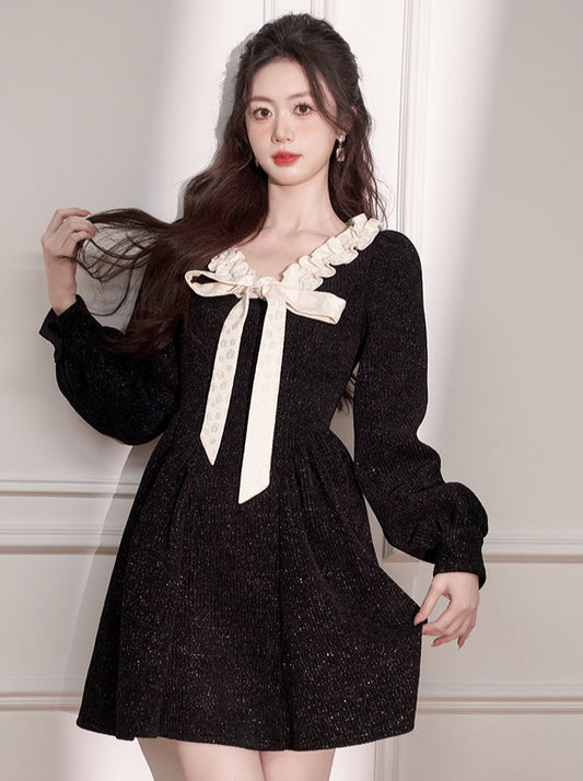 フリルVネックリボンスイートシックワンピース