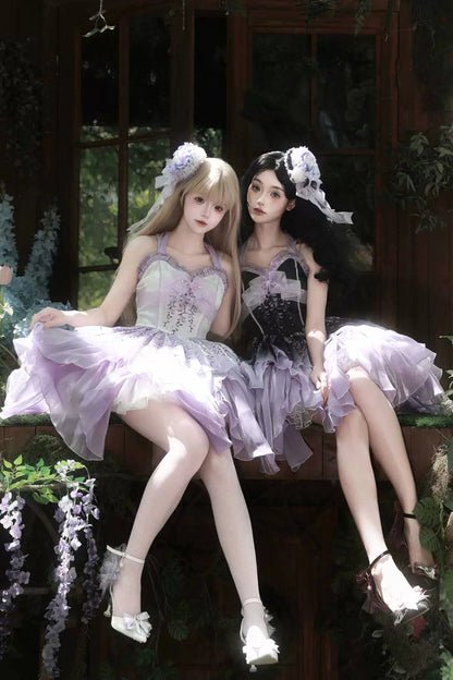 [Pre-order Deadline: June 18] Wisteria Purple Gradient Fairy Lolita Bow Layered JSK Dress + Full Set (Dress + Flower Hat)