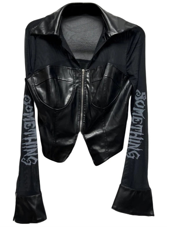 Punk Design Slim Short Sheer Black Leather Shirt