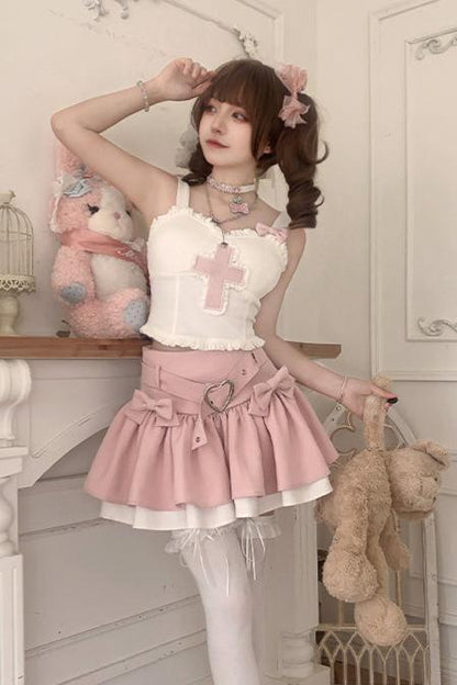 [Reservation product] Love Prelude Sweet Ribbon And Cross Top + Skirt