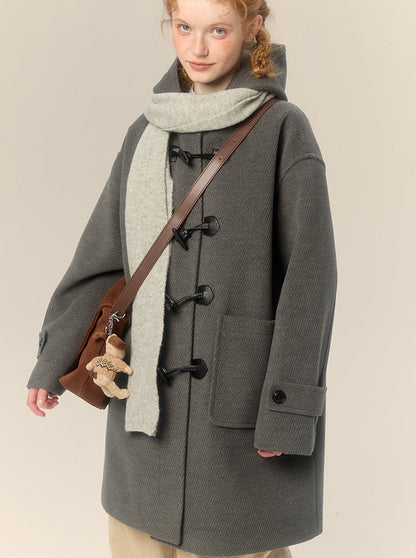 Hooded Gray Horn Button Wool Coat