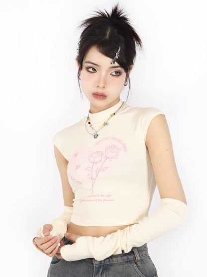 Rose short French T -shirt with American retro sleeve