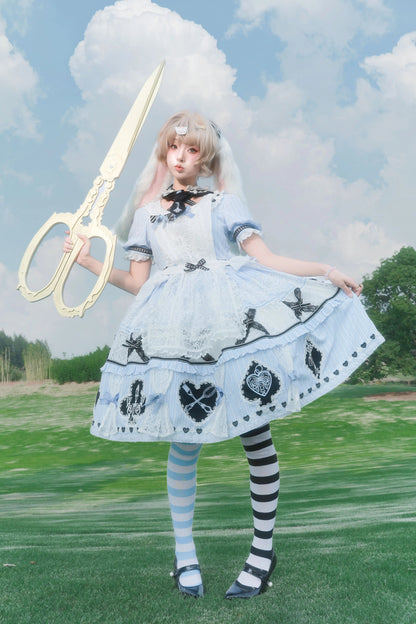 【8月13日予約締切】アリスブルーストライプレースゴシックロリータドレス＋うさ耳フーディータイカラー＋エプロン＋フルセット
