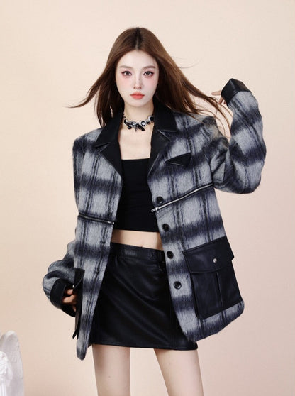 Retro 2wey high end coat wool check coat jacket