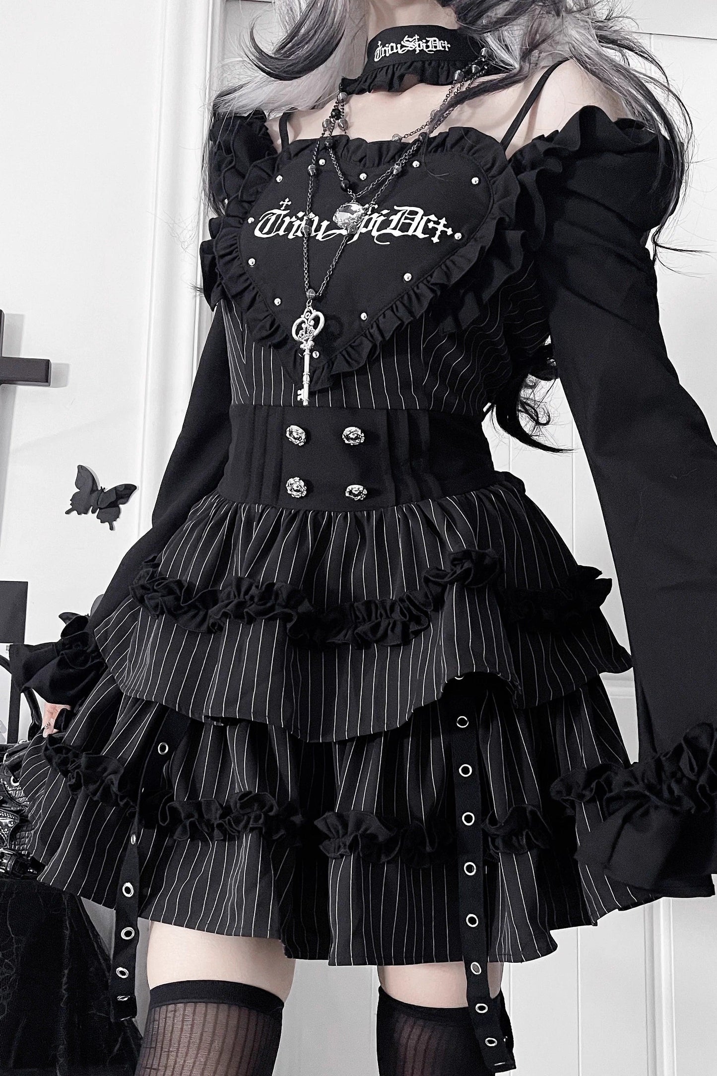 サブカルチャーゴシックダークスリムロングスリーブドレス