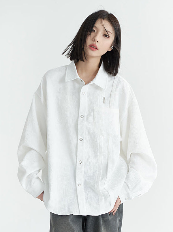 Pleated dark pattern loose solid collar shirt