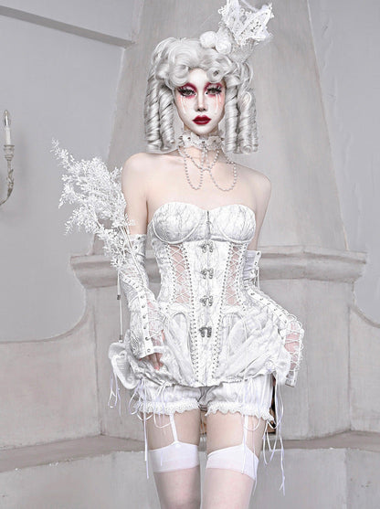 Sleeping Alice White Gothic Dark Fishbone Straps Corset Bustier [Réservé].