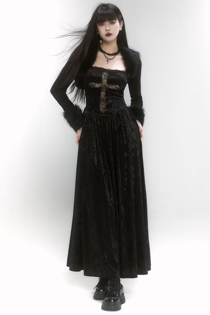 Velvet Lace Cross Long Dress + Shawl